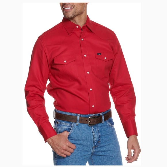 Wrangler Red Twill Long Sleeve Pearl Snap Workshirt